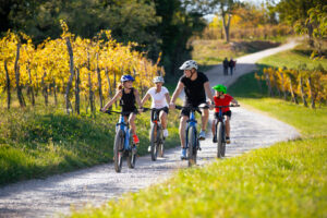 family of four riding on electric bikes