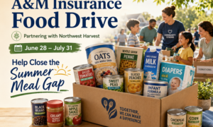 photo announcing A&M's food drive with box of food