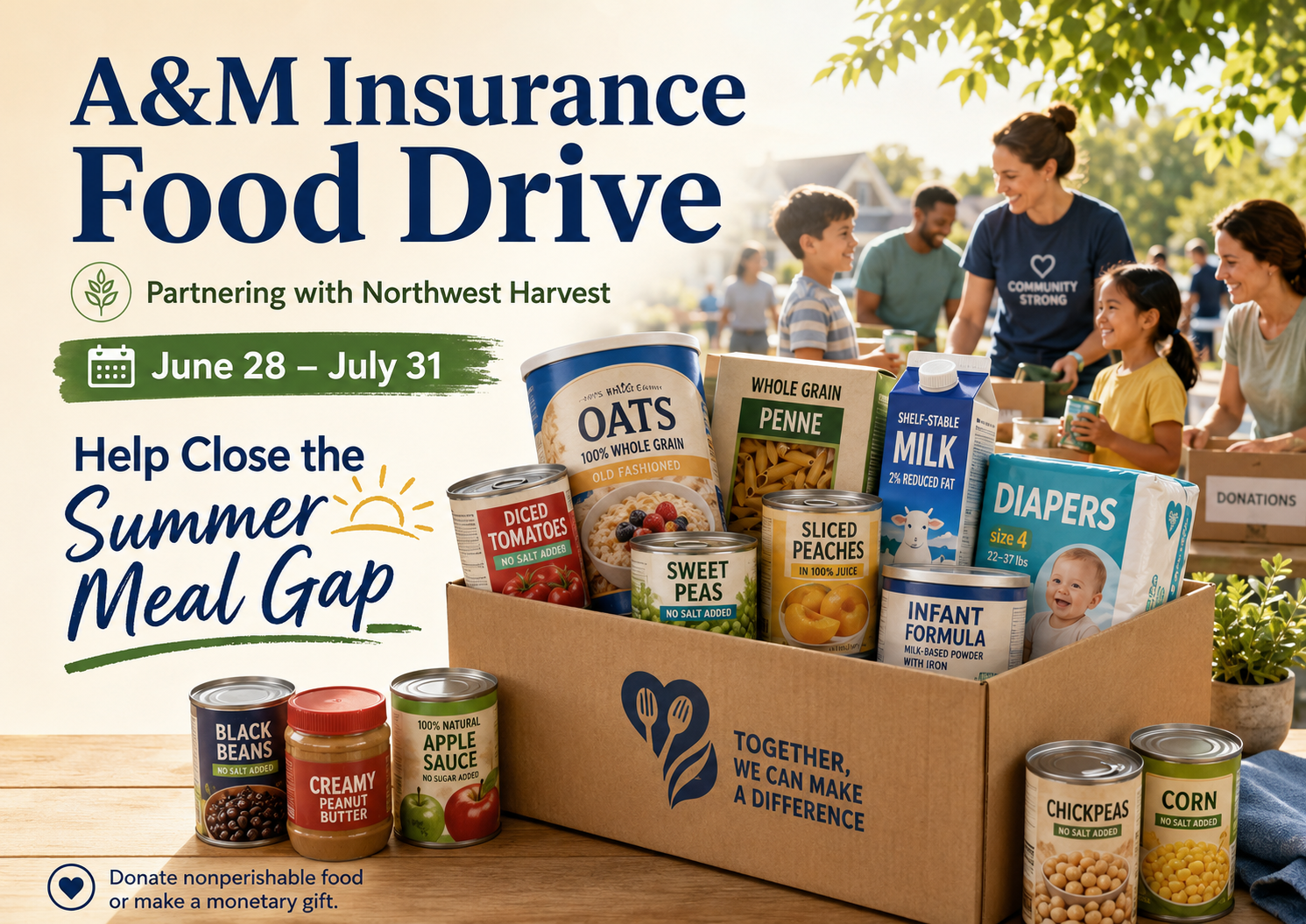 photo announcing A&M's food drive with box of food