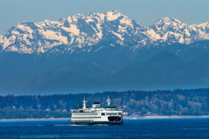 Seattle Bainbridge Island Ferry Puget Sound Washington. Seattle Bainbridge Island Car Ferry Puget Sound Olympic Snow Mountains Washington State Pacific Northwest