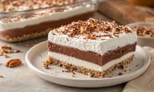 A slice of chocolate Four-Layer Delight with pecan crust, cream cheese filling, chocolate pudding, and whipped topping.