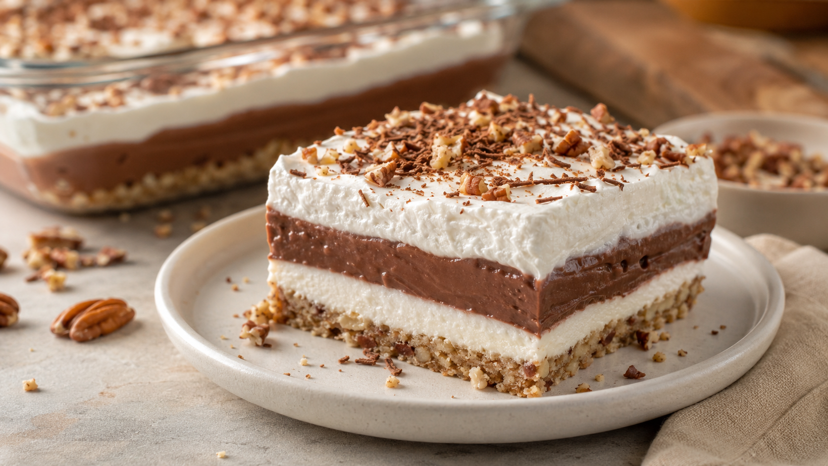 A slice of chocolate Four-Layer Delight with pecan crust, cream cheese filling, chocolate pudding, and whipped topping.